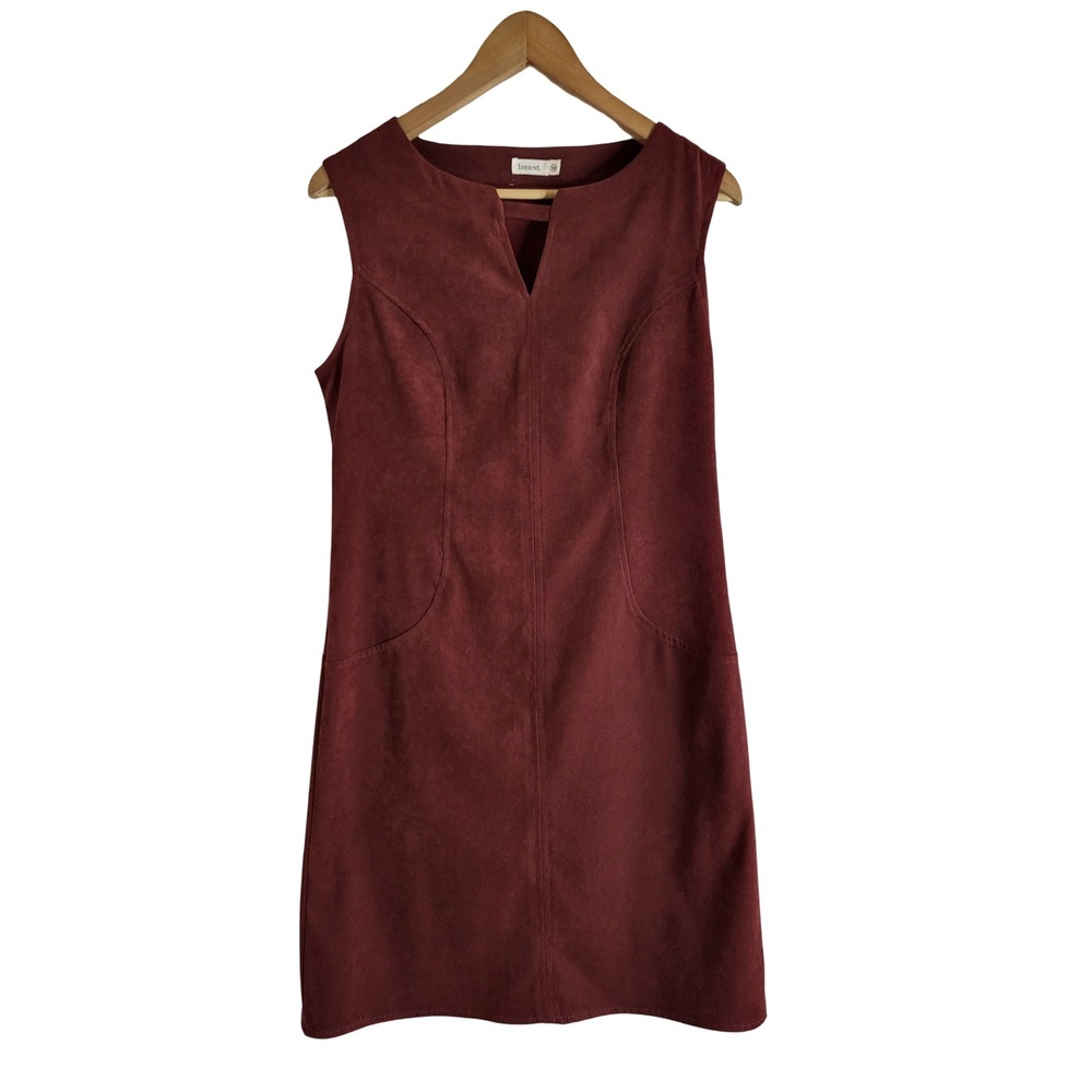 Lavand Burgundy Faux Suede Sleeveless Shift Dress Notched Neck Pockets Size M